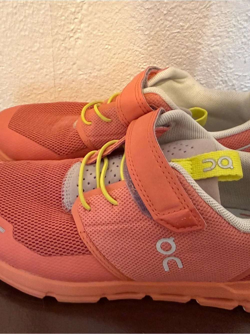 Coral Pink Kids Athletic Sneakers with Yellow Accents